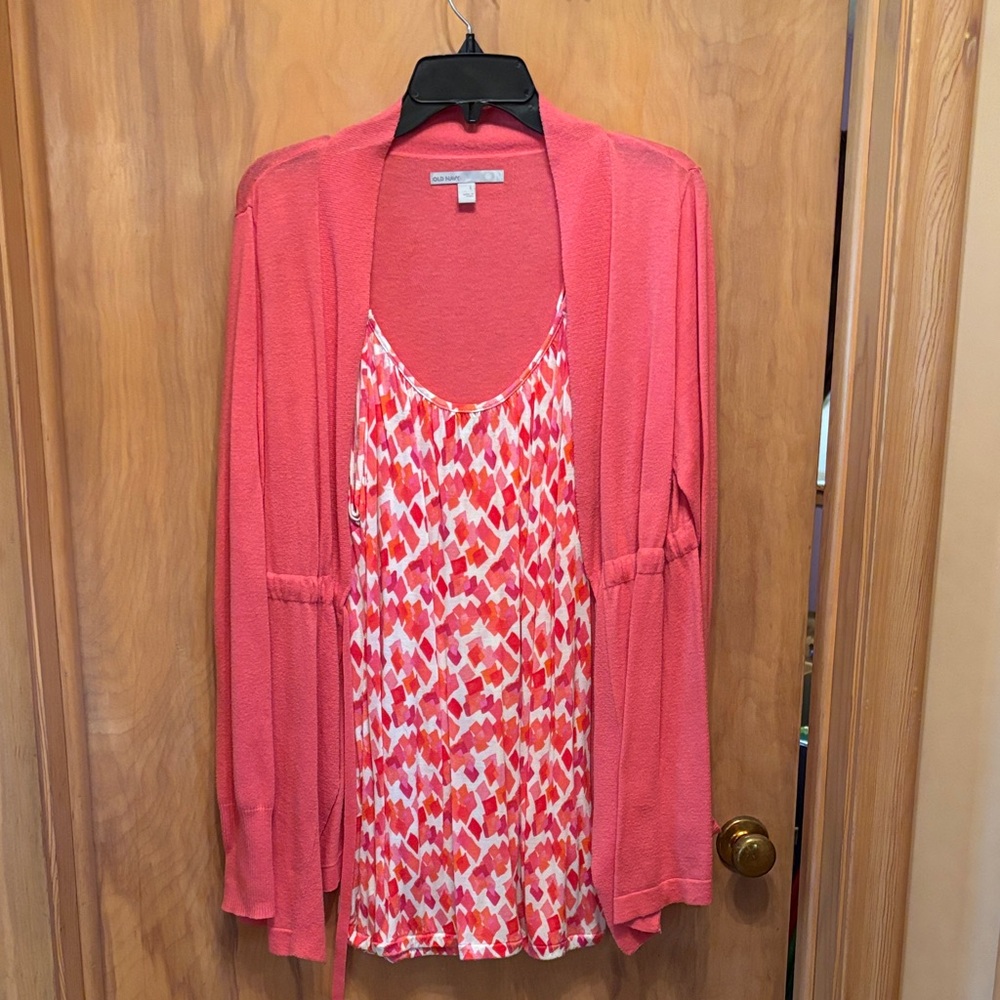 Coral Cardigan and Patterned Tank Top Set